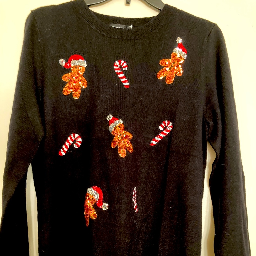 Victoria Harbor black cotton sweater with sequin appliqué - various sizes